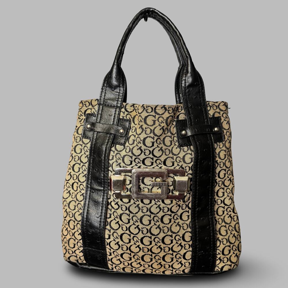 Vintage Guess Y2K Monogram Jacquard Buckle Tote Bag